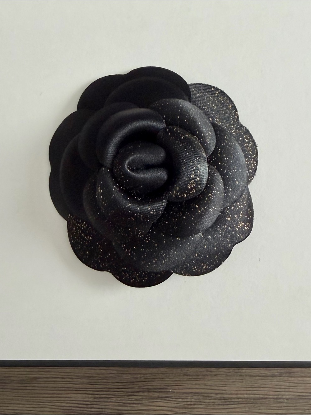 CHANEL Black Camellia Flower Gold Glitter Accents
